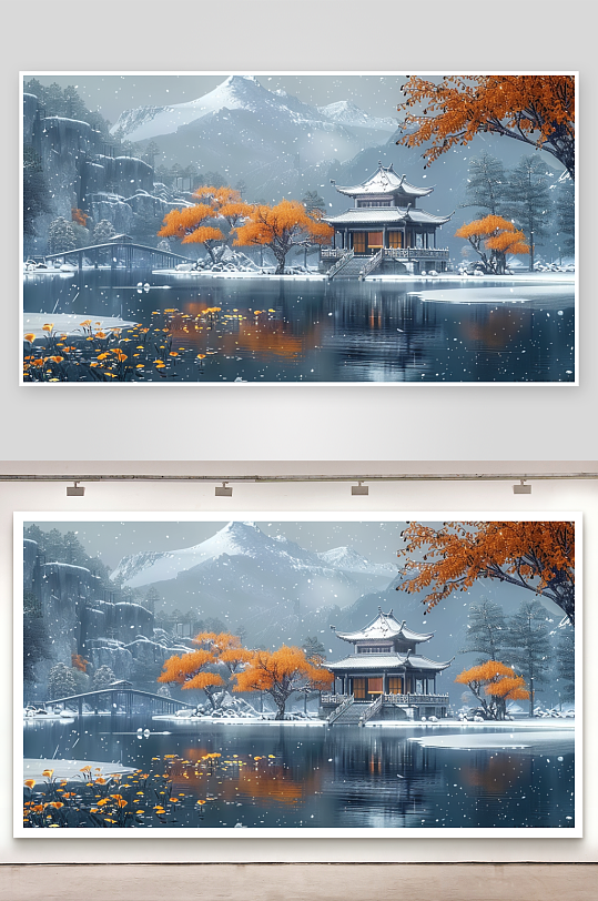 山下湖边的亭台景色-众图网