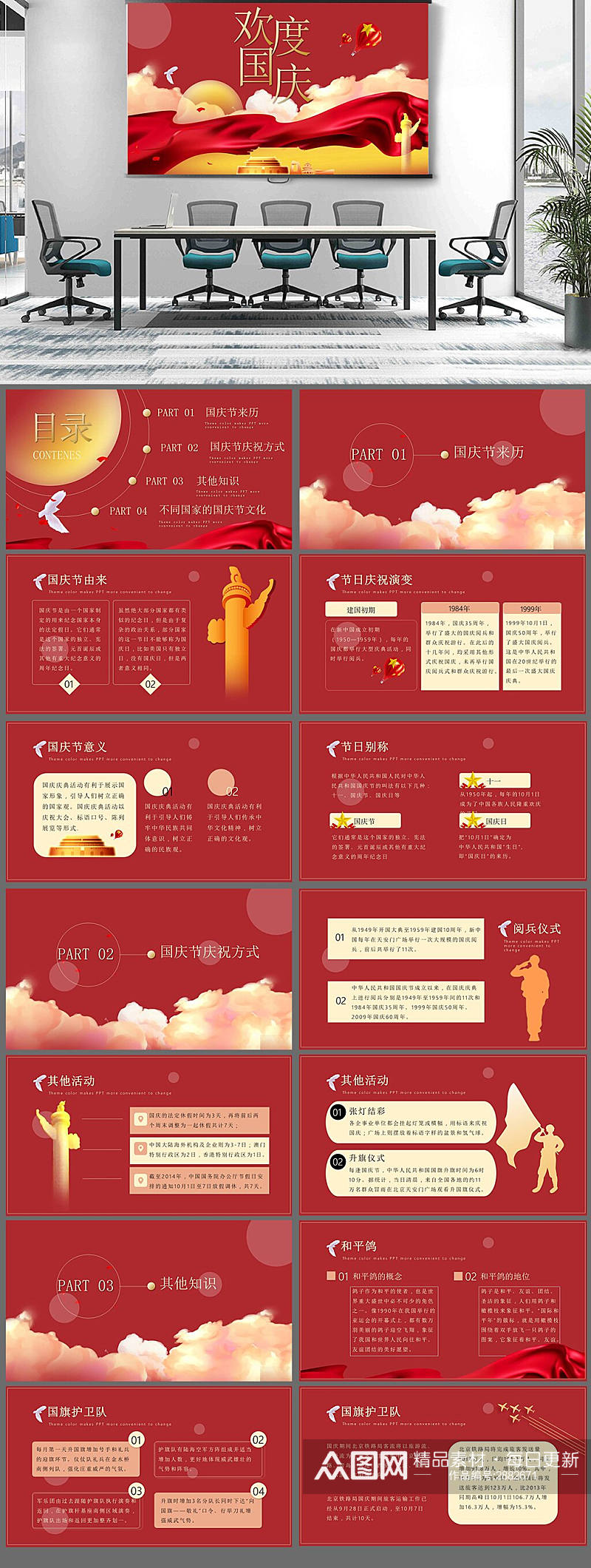 中国风国庆节节日庆典红色大气PPT模板素材
