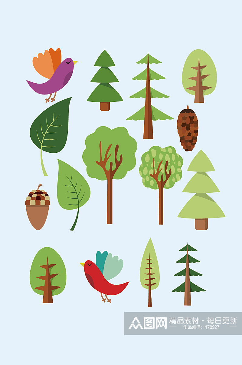 矢量卡通树木鸟类树林素材