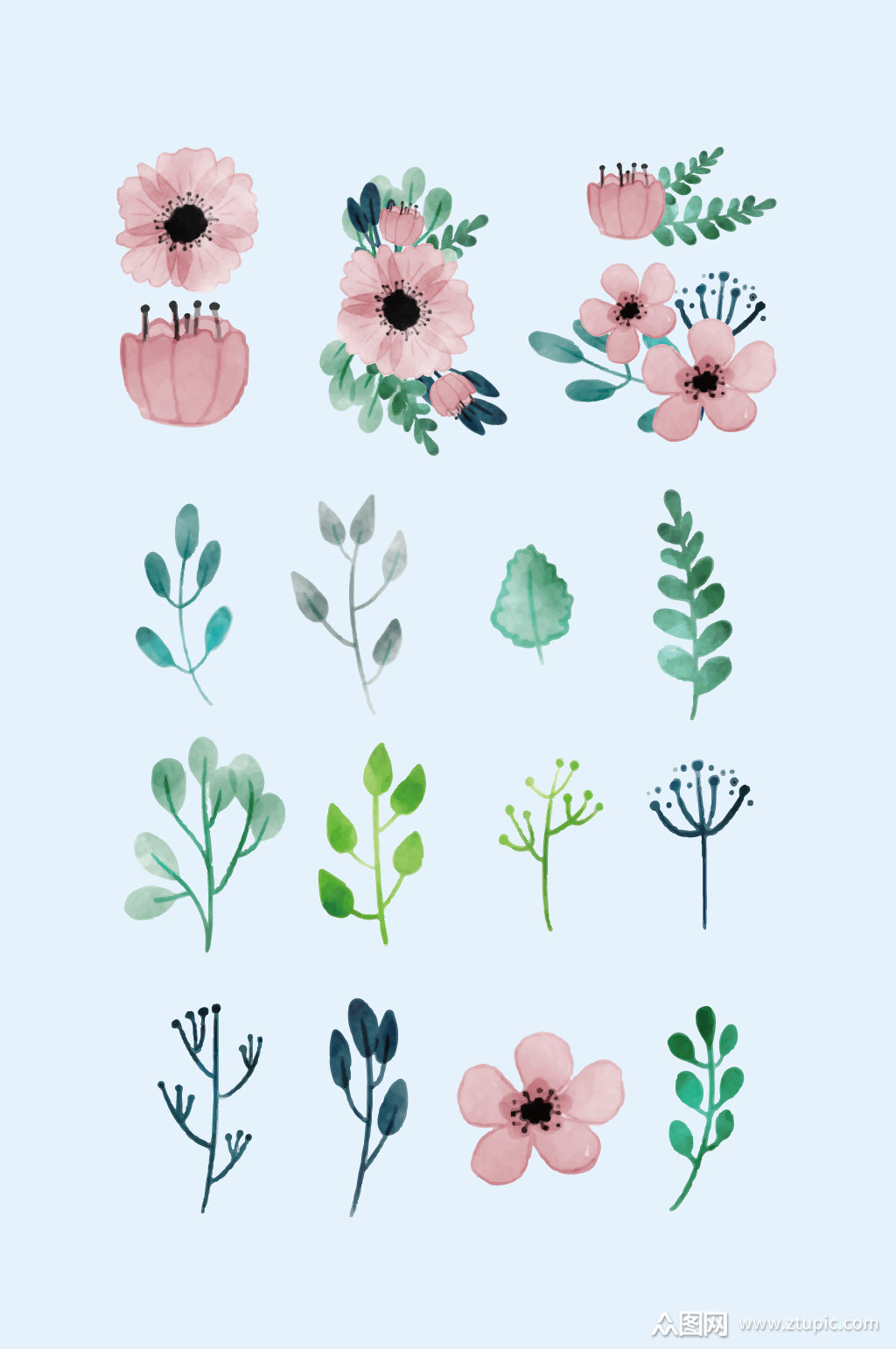 矢量水彩花草花朵素材
