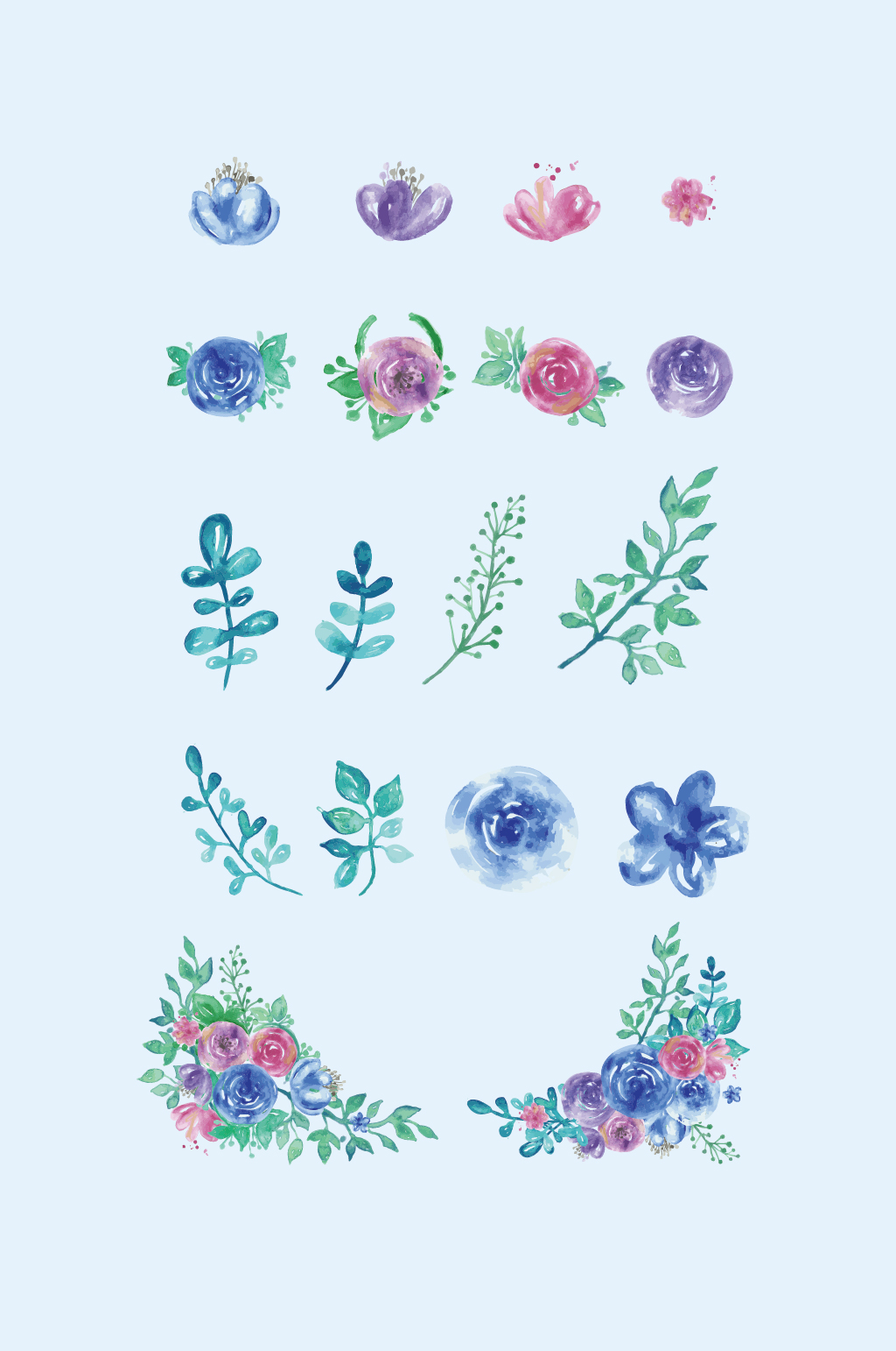 矢量水彩紫色红色花草花朵素材