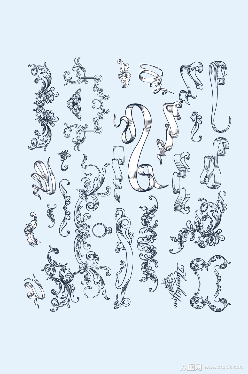 欧式矢量花纹花边飘带素材