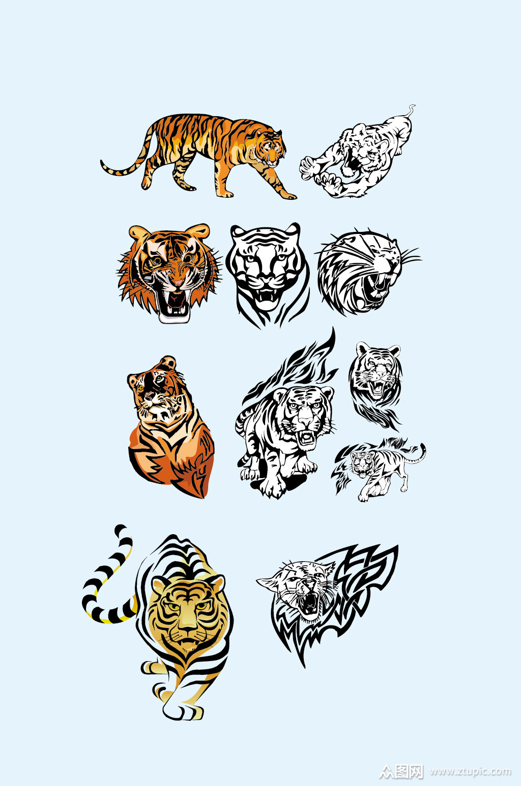 矢量手绘线条老虎霸气卡通剪纸图片素材