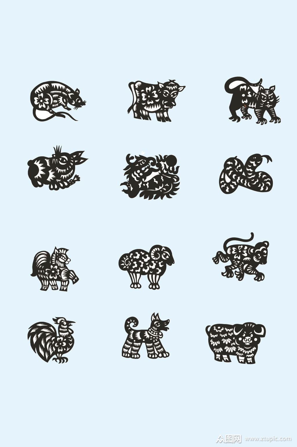 矢量黑白十二生肖元素素材