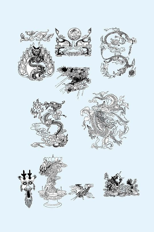 矢量黑白手绘线条龙元素