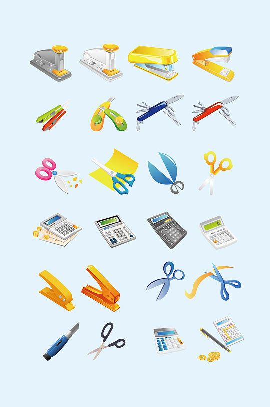 矢量手绘剪刀订书机正版作品,可商用手绘卡通文具用品订书机元素插画