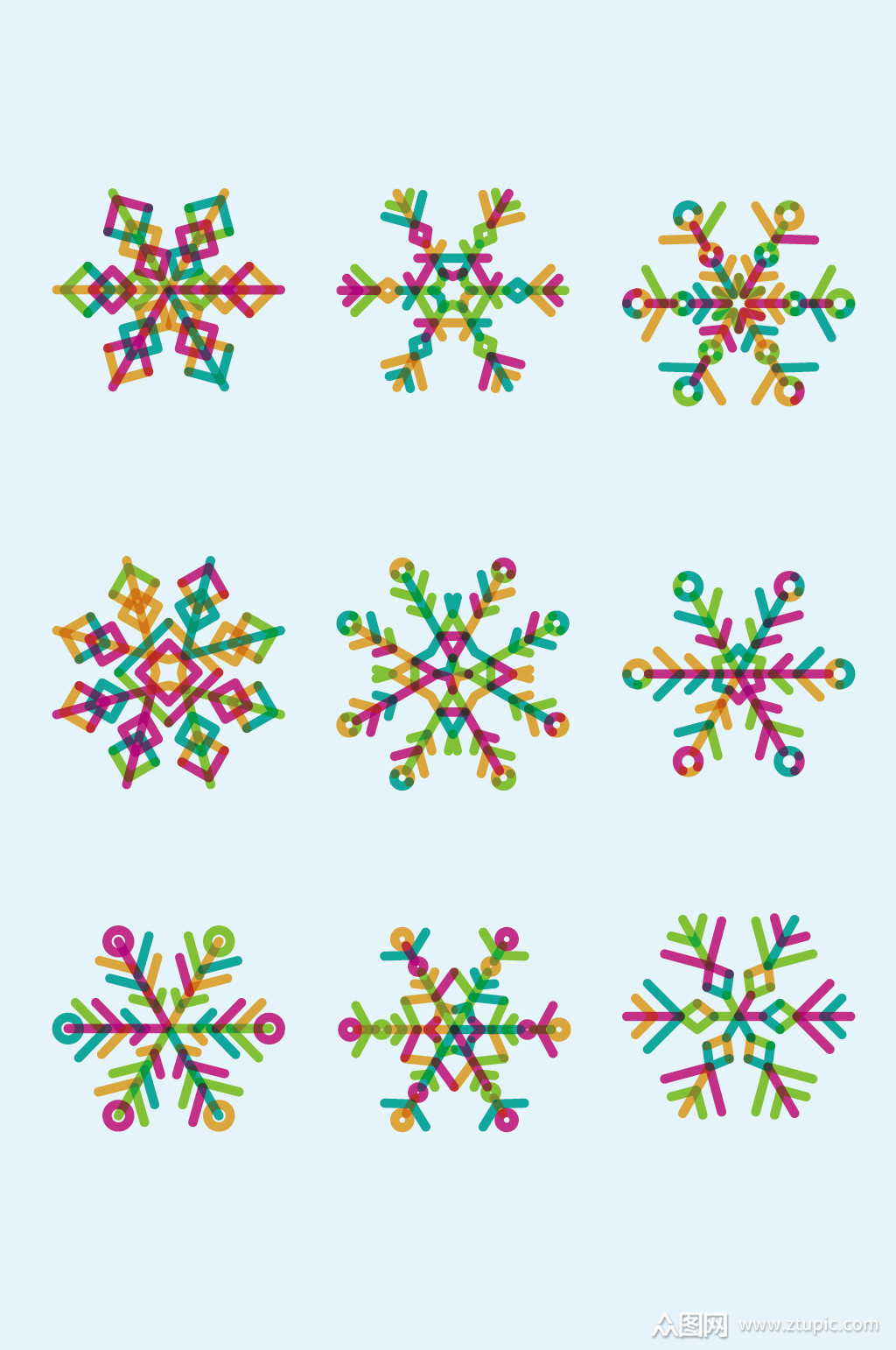 矢量彩色雪花雪片