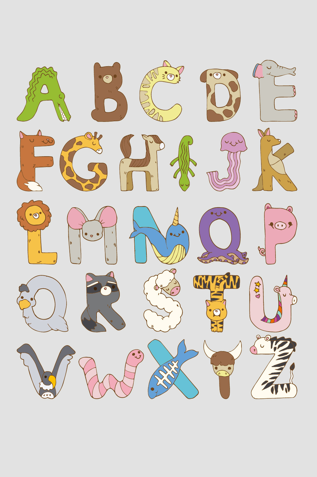 创意卡通动物英文字母素材