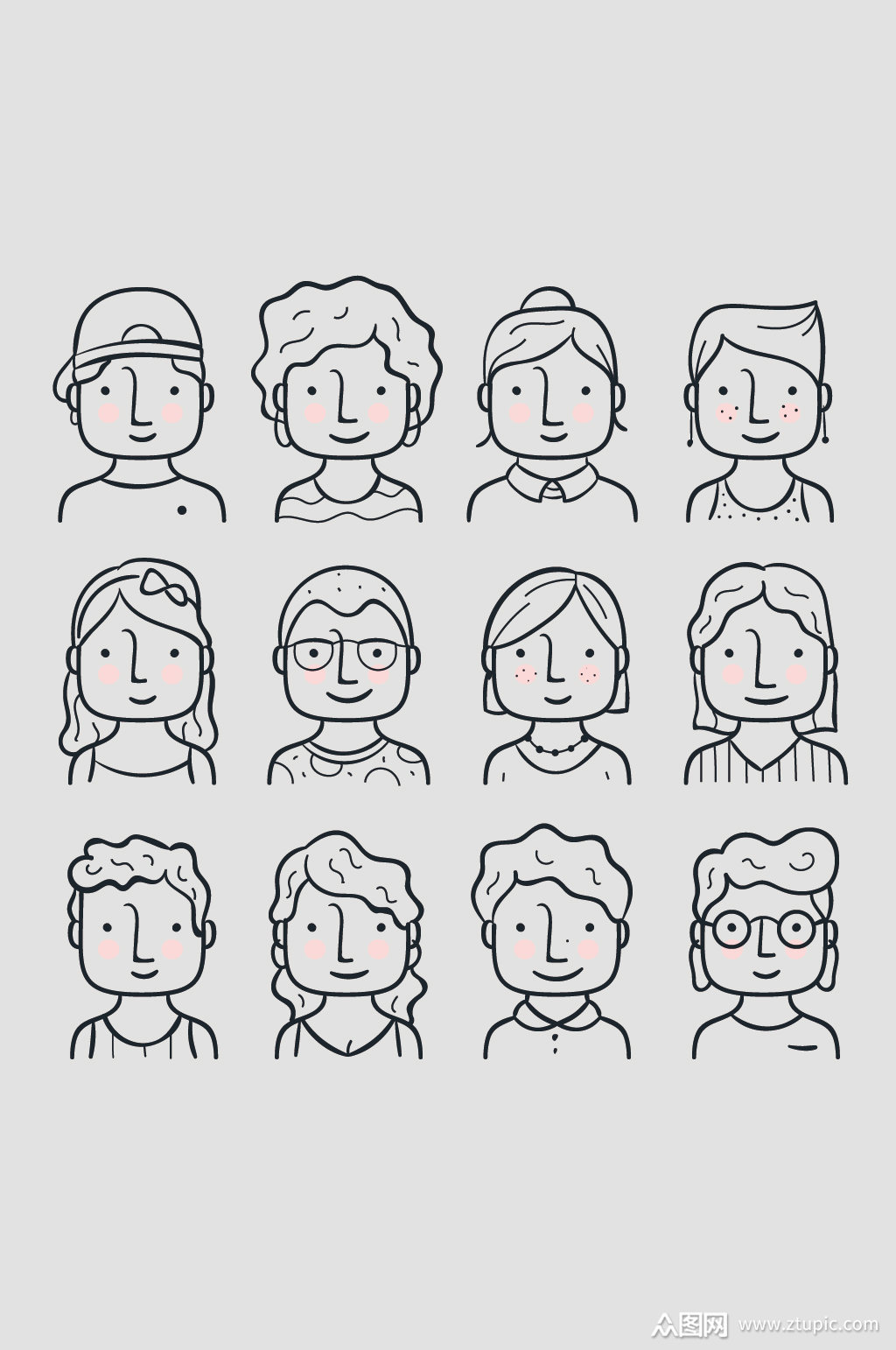 矢量卡通线条人物头像