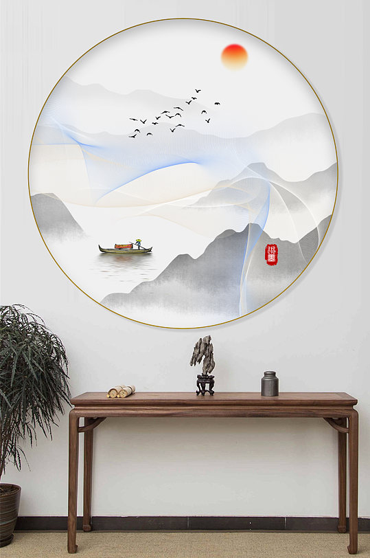 新中式中式水墨圆形装饰画-众图网