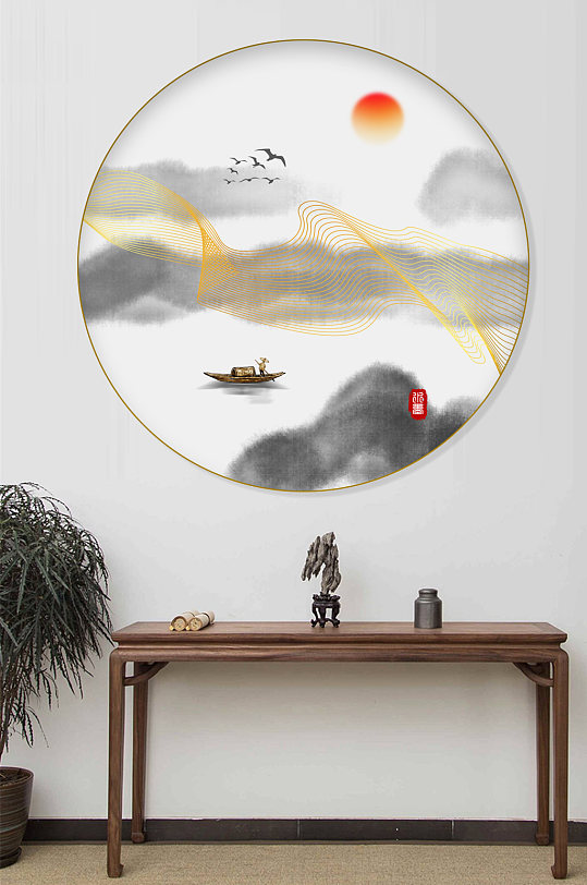 中式新中式水墨圆形装饰画玄关-众图网