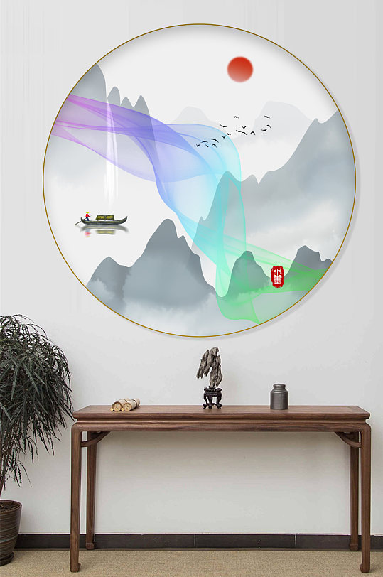 新中式水墨圆形玄关装饰画-众图网