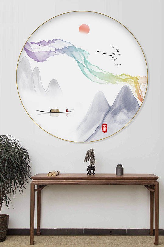 新中式中式圆形玄关装饰画-众图网