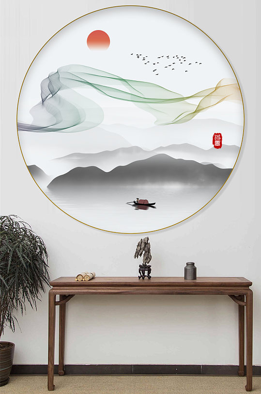 水墨中式圆形装饰画-众图网