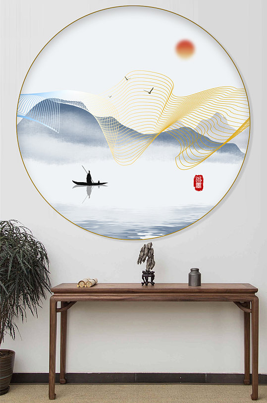 中式水墨圆形装饰画玄关-众图网