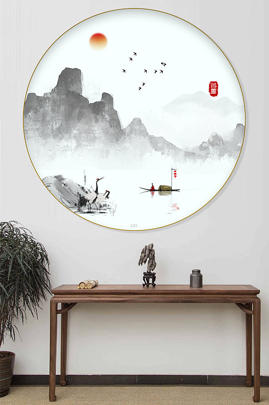 中式山水圆形玄关装饰画