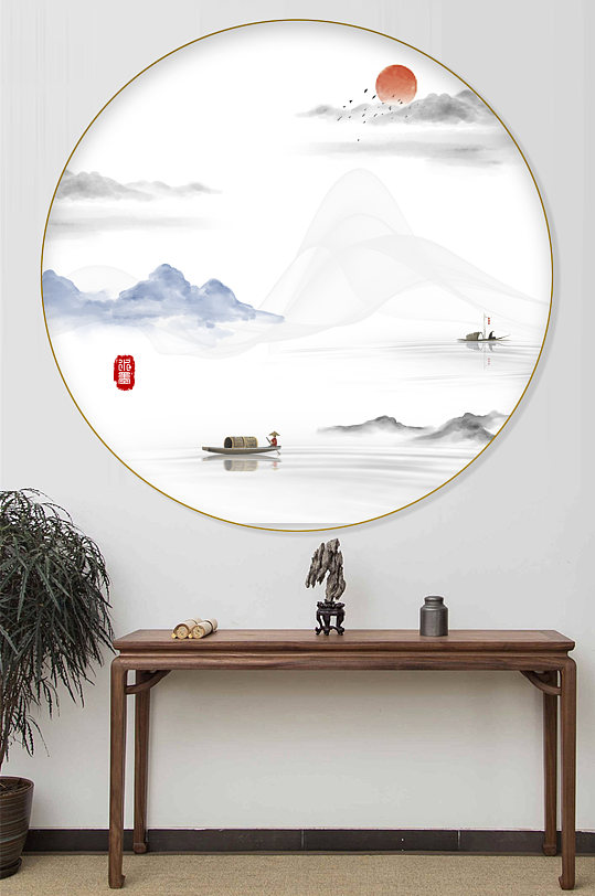 中式水墨山水圆形装饰画-众图网