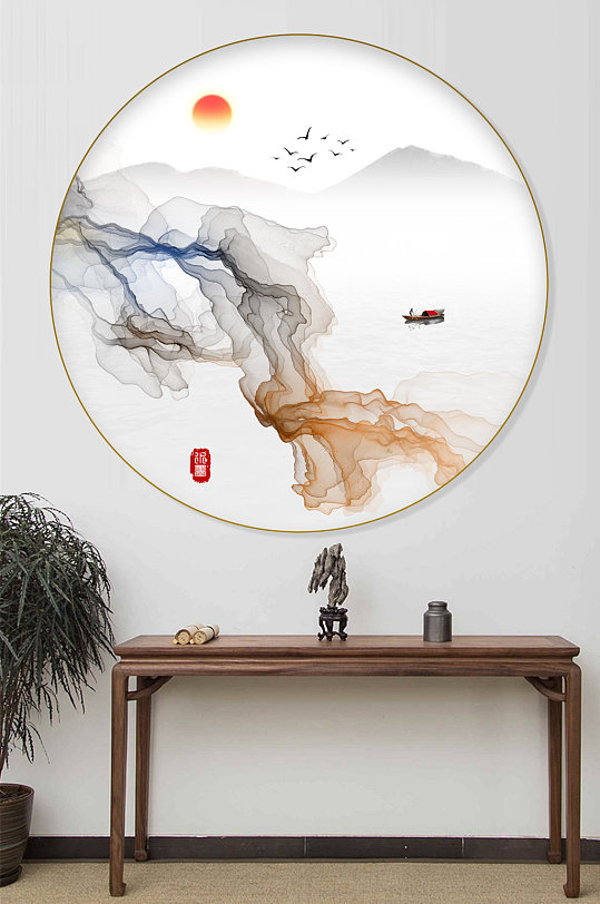 水墨山水圆形装饰画-众图网