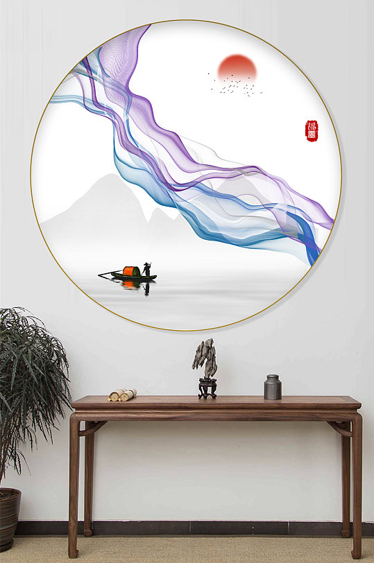 水墨中式圆形玄关装饰画-众图网