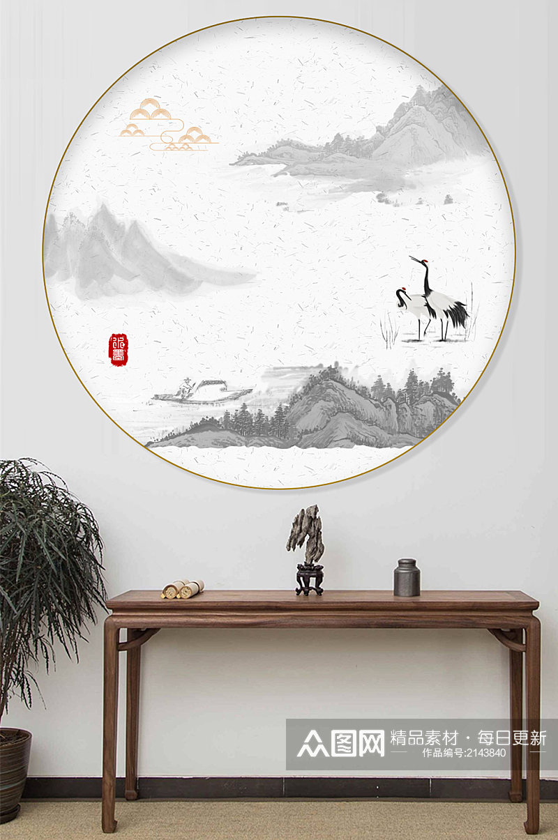 中式水墨山水圆形装饰画素材