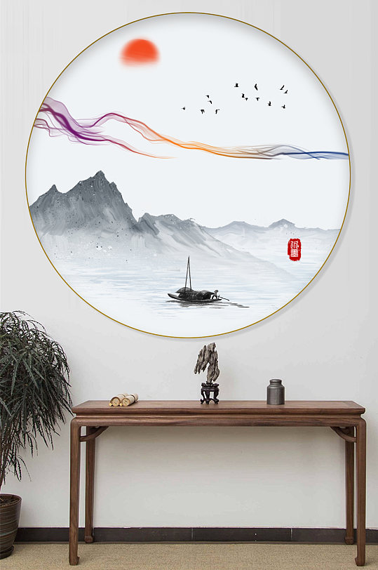 中式水墨山水圆形玄关装饰画-众图网