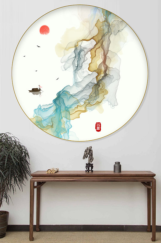 中式水墨圆形装饰画-众图网