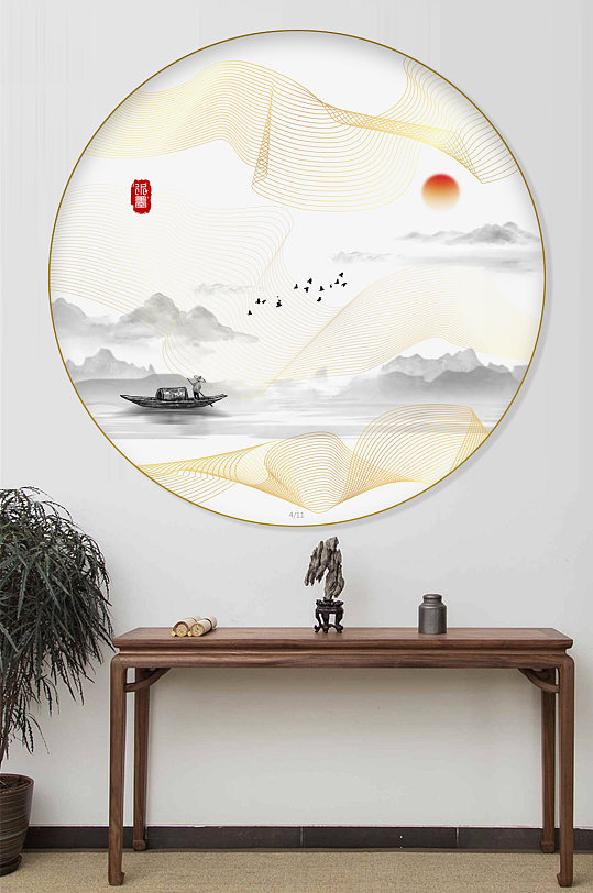 新中式水墨圆形装饰画-众图网
