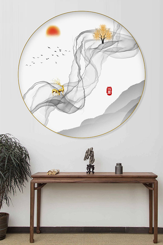 新中式水墨圆形装饰画-众图网