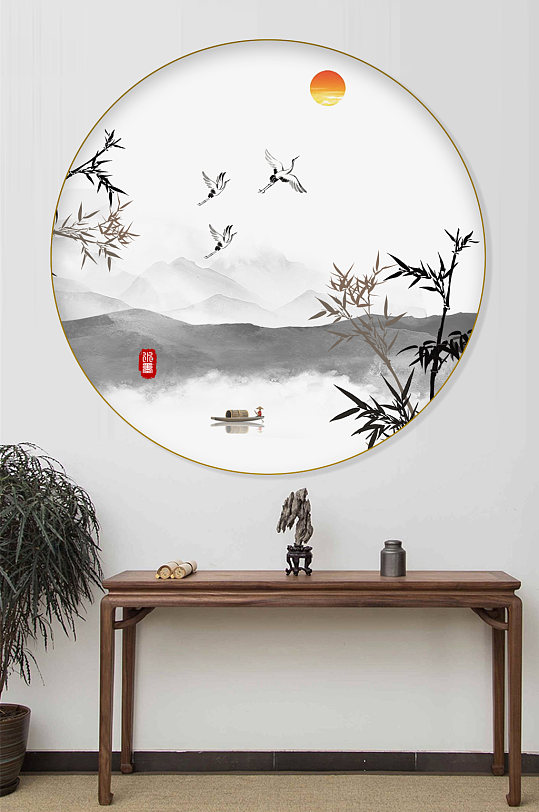 中式新中式圆形装饰画-众图网