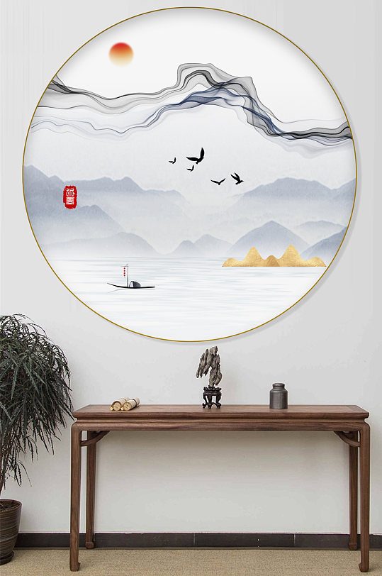 中式新中式水墨圆形装饰画