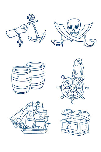 手绘线条海盗海盗船元素