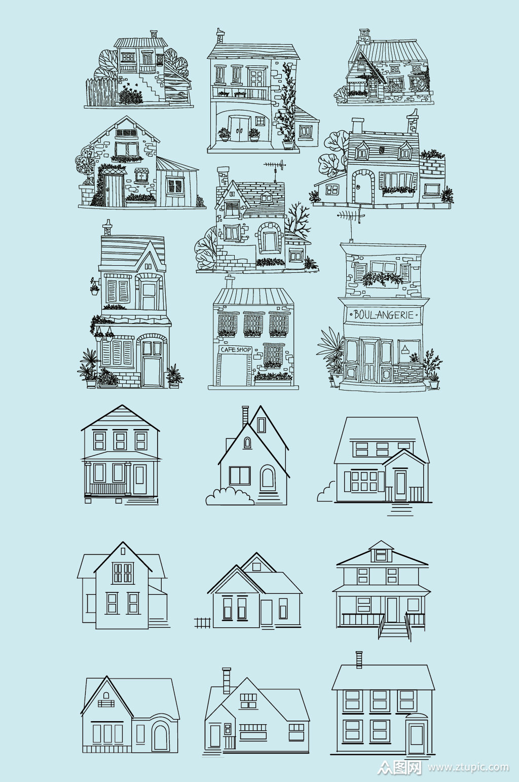 ai矢量手绘线条房子建筑素材