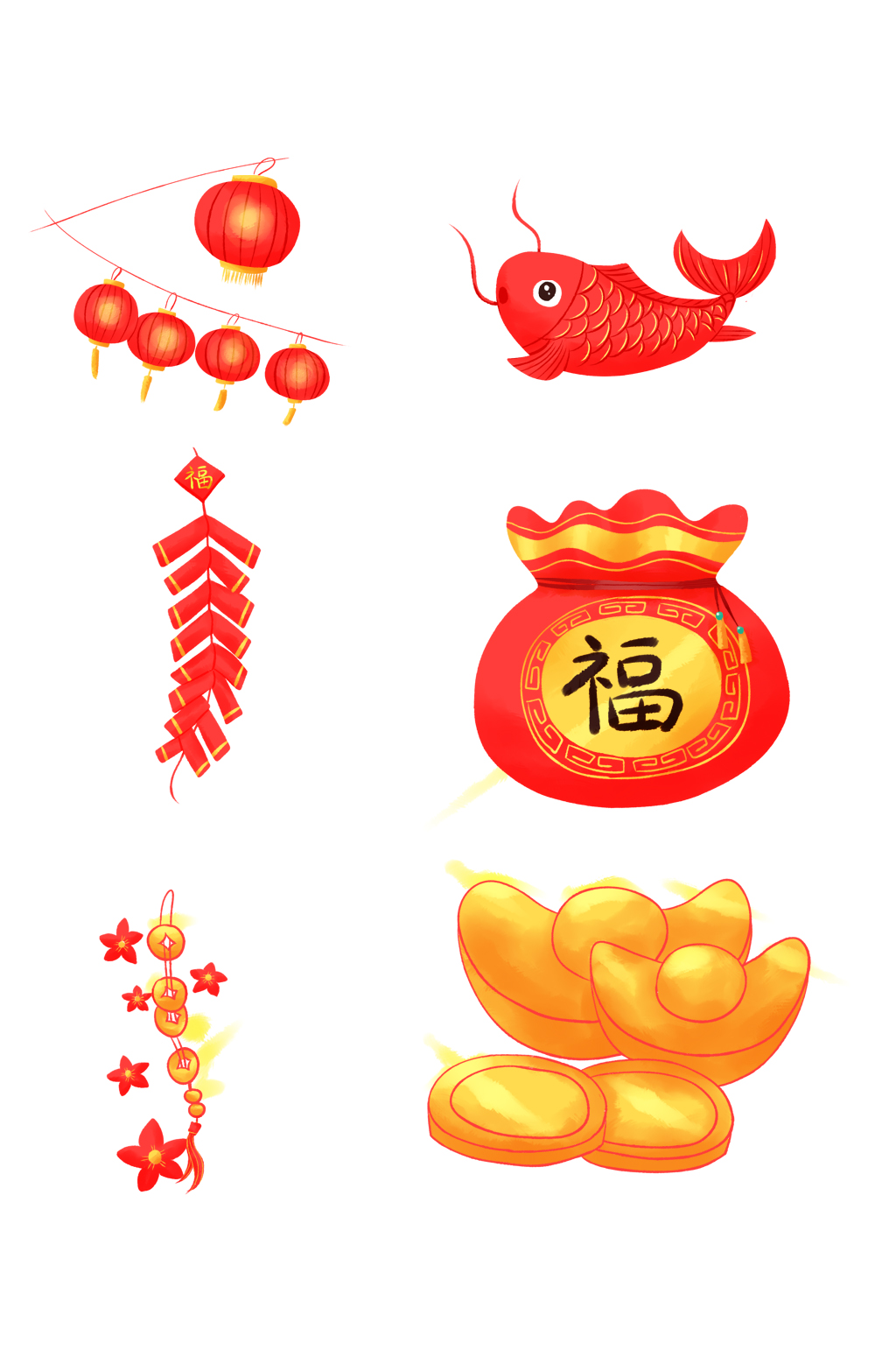手绘吉祥喜庆福袋金元宝锦鲤元素素材