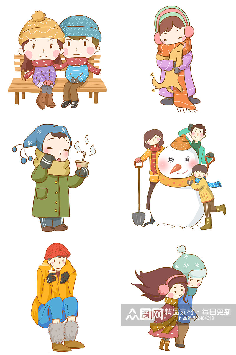 手绘卡通冬季人物雪人元素素材