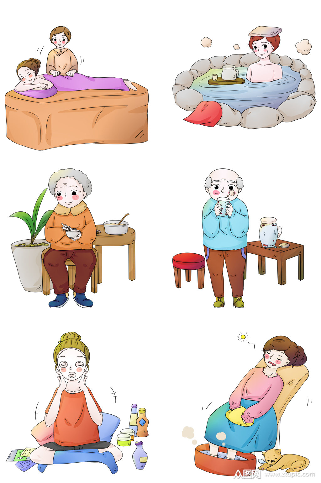 手绘卡通养生男女老少人物元素