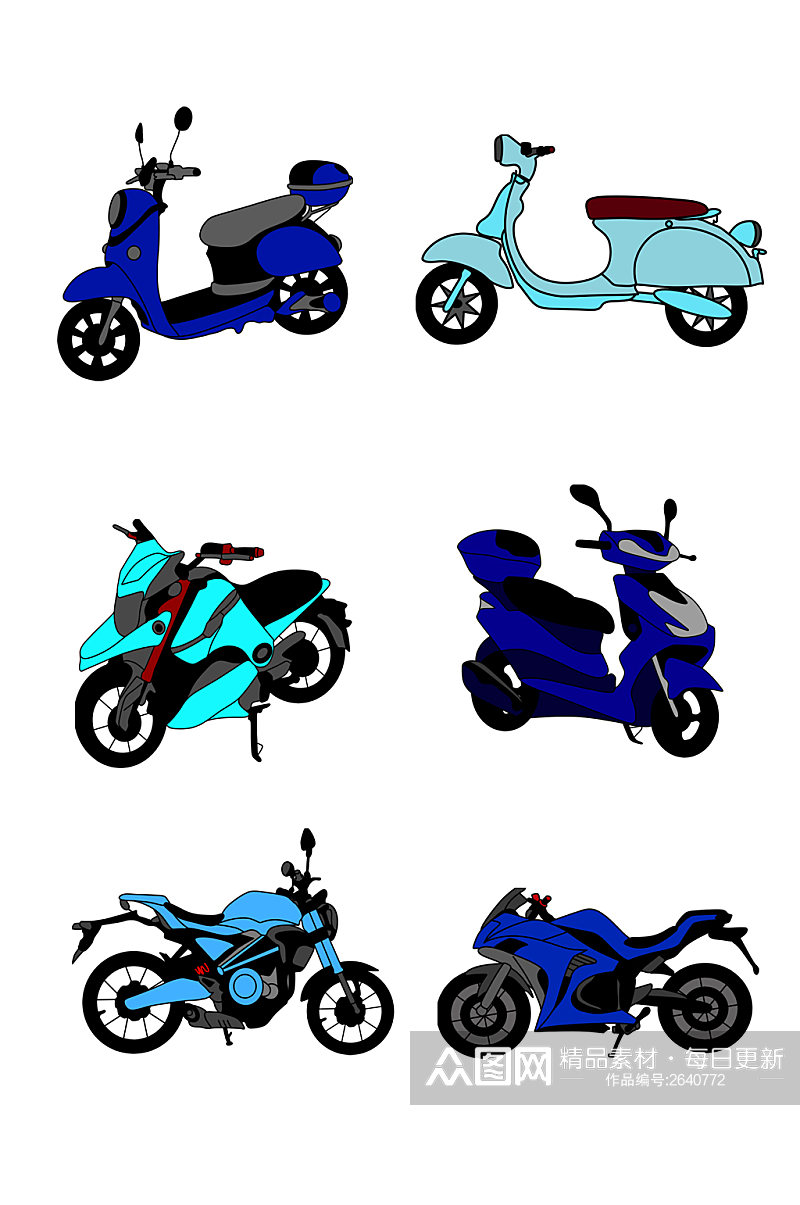 手绘卡通蓝色摩托车元素素材