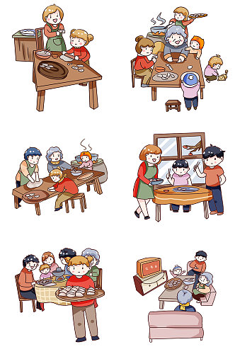 手绘卡通一家人包饺子元素