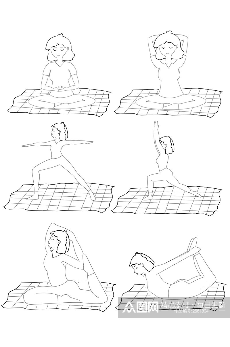 手绘女性练瑜伽简笔画元素素材
