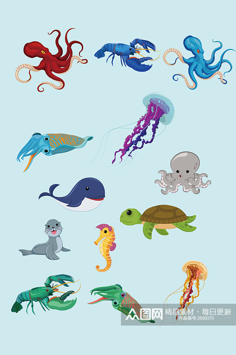 手绘卡通海洋海底生物动物素材