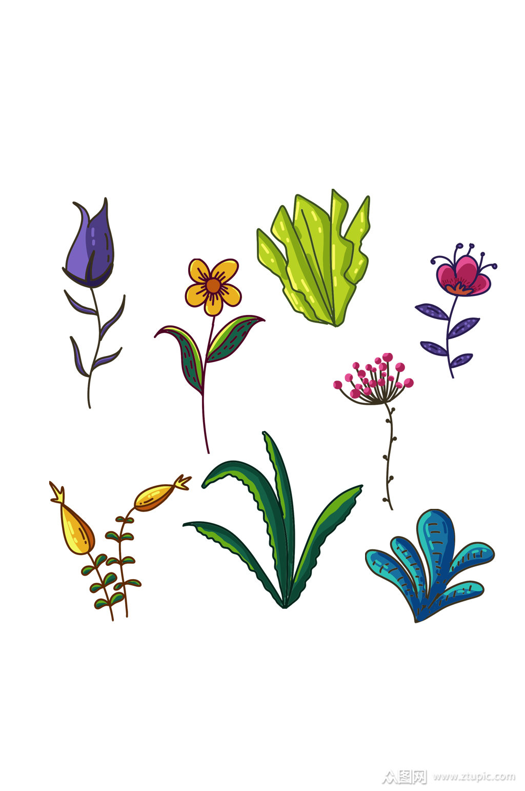 手绘简约花草元素素材