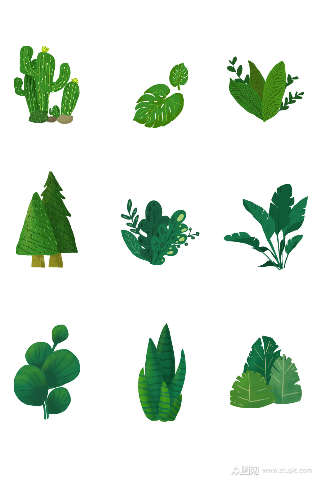 手绘简约绿色植物元素素材