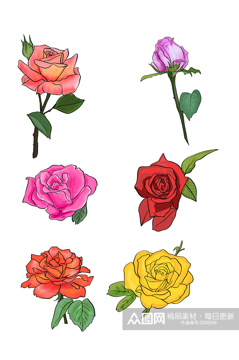 手绘炫彩玫瑰花元素素材