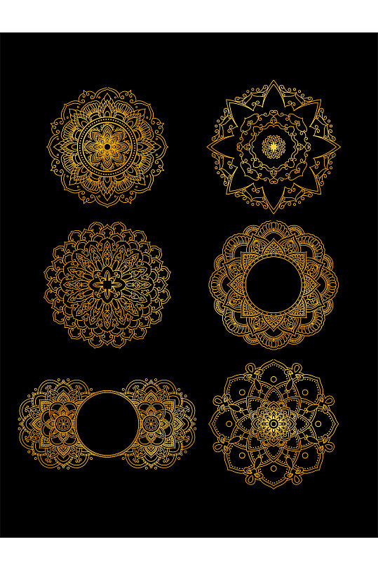 六个黄金色民族风繁花套图元素