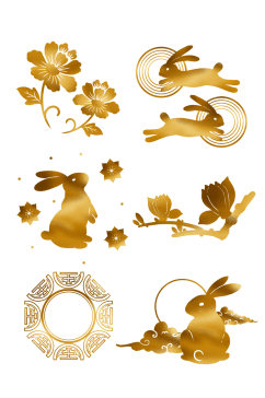 金色中秋兔子花朵元素
