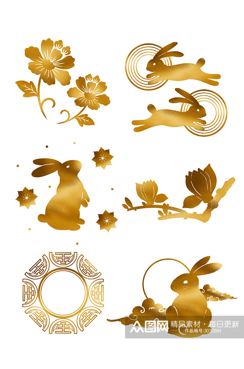 金色中秋兔子花朵元素素材