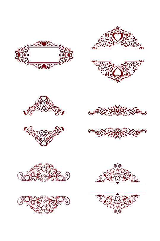 六个欧式花纹爱心花纹花边元素