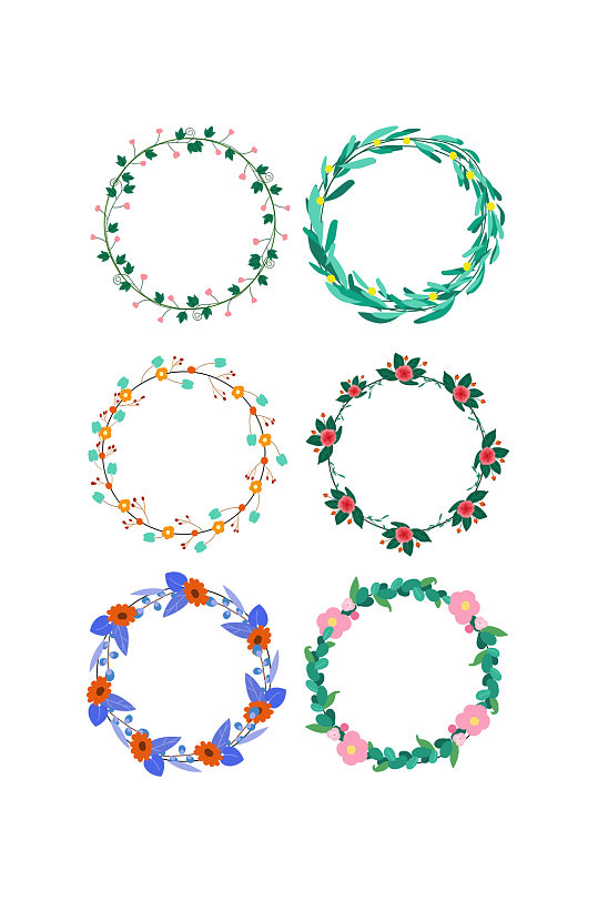 花纹花圈花环手绘卡通清新花环圆形边框复古手绘彩铅花卉花环组合免抠