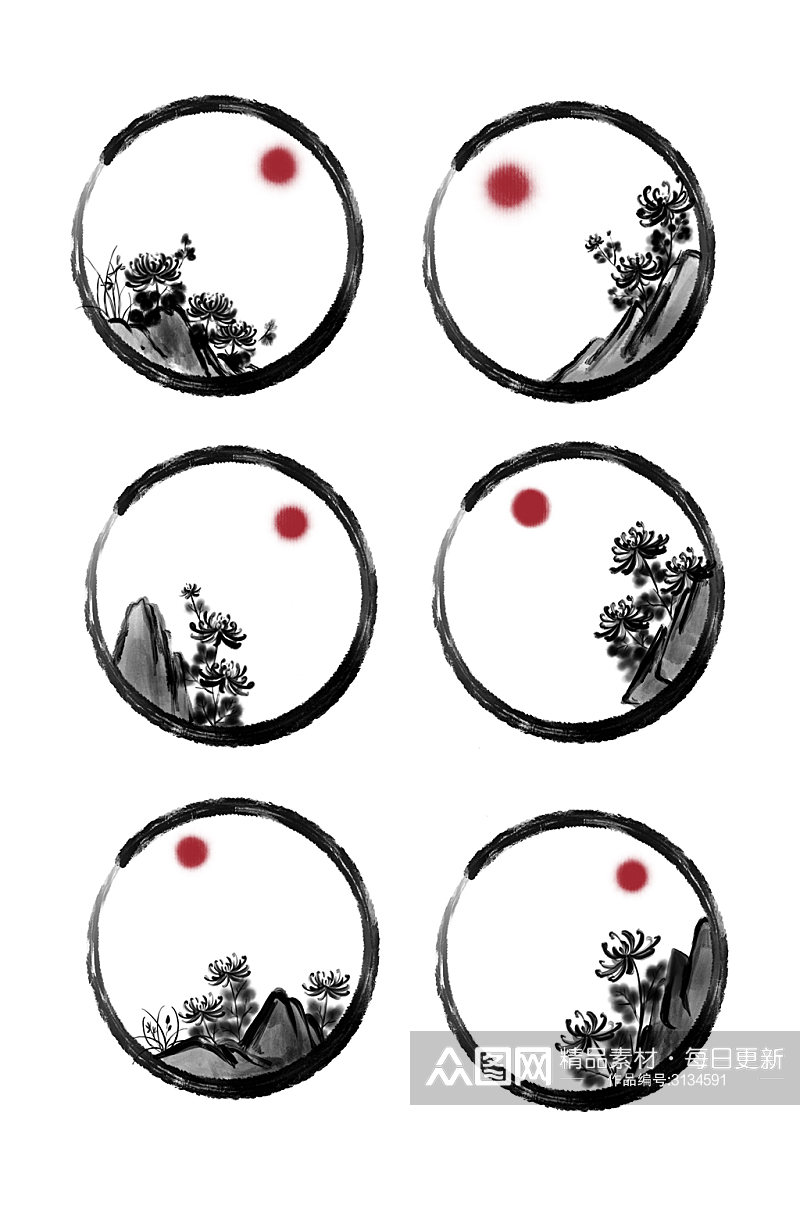 中式水墨菊花圆形边框画框元素素材