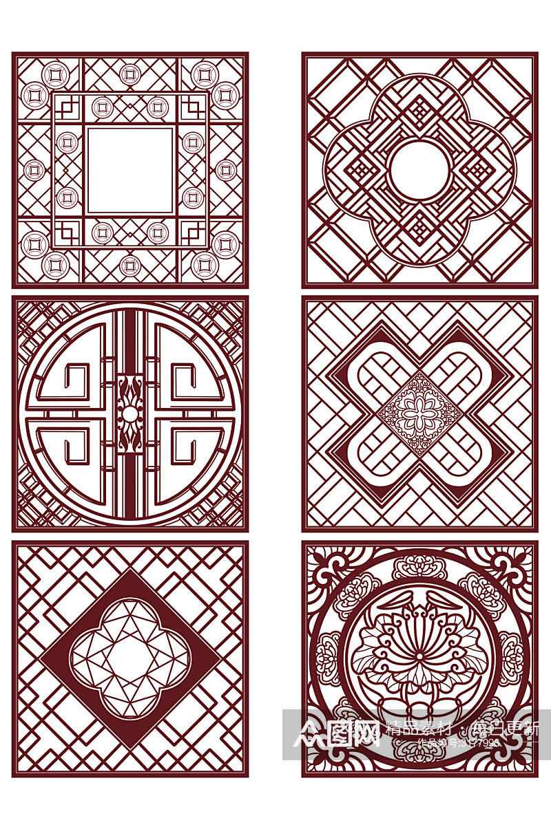 中式古典雕花窗格元素素材