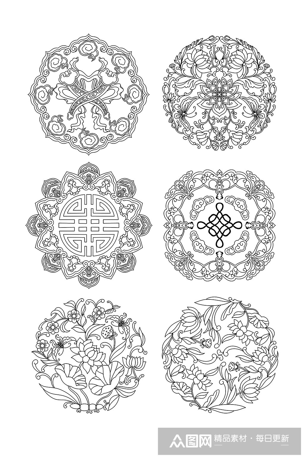 黑色线条圆形中式传统团花图案元素素材